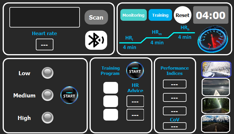 Pannello HarmonicV - Monitoring, Training, Reset, HR advice, Performance Indices